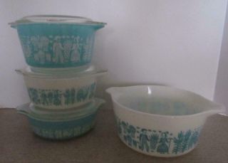 Vintage Pyrex Butterprint.  Amish.  Set Of 4 Casserole Dishes And Lids