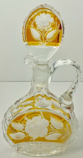 Cut Crystal Glass Amber Stain Decanter W/ Rose Design,  Handle,  Fancy Stopper