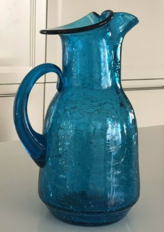 Vintage Blenko Large Turquoise Blue Crackle Glass Pitcher H 11 3/4 "
