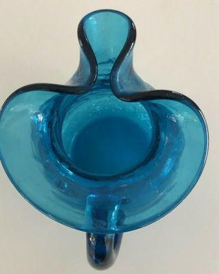 Vintage Blenko Large Turquoise Blue Crackle Glass Pitcher H 11 3/4 