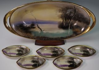 Noritake Nippon Porcelain Hand Painted Trees River Nut Dishes Handled Tray Set