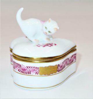 Herend Porcelain Heart Shaped Trinket Box With Cat Or Kitten,  Pink,  Hand Painted