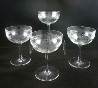 4 Edwardian Elegant Etched Crystal Champagne Saucers Glasses Coupes C1910