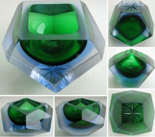 Vintage Murano Sommerso Clear/green Glass Bowl Mandruzzato Multi Faceted Diamond