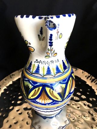 Sangria Pitcher 10 " Spain - Pottery - Hand Painted - Pinched Spout