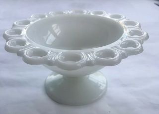 Vtg White Milk Glass Round Pedestal Candy Dish Reticulated Rim 3.  5”x7” Scallops