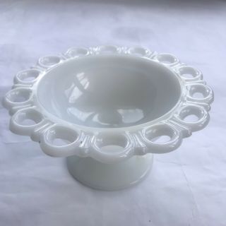 Vtg White Milk Glass Round Pedestal Candy Dish Reticulated Rim 3.  5”x7” Scallops 2