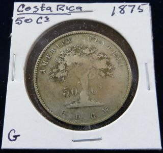 1875 Gw 50 Centavos Silver Costa Rica Coin,  Ceiba Tree Reverse,  Rare Coin