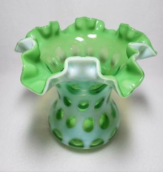 Rare Vintage Fenton Art Glass Emerald Green Opalescent Coin Dot Ruffled Vase 6 "