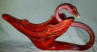 Vintage Art Glass Swan Large Hand Blown Murano Red White Swirl Planter Bowl Vase