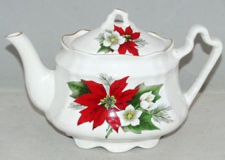Arthur Wood Poinsettia 6751 Vintage Porcelain Floral White Gold Trim Teapot