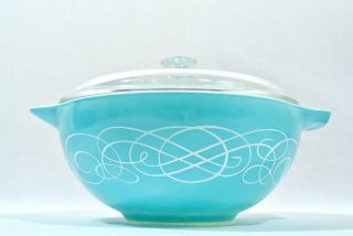 Vintage Pyrex Turquoise Scroll W Lid Cinderella Mixing Bowl Casserole Dish Htf