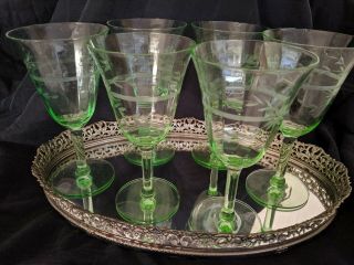 Set Of 6 Vintage Etched Uranium Green Depression Glass 6 - 1/2 " Wine Glasses