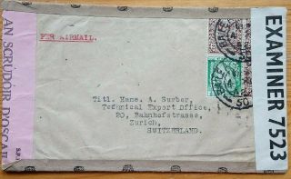Ireland 1942 Cover To Switzerland With Continuous Crown Special Censor Tape