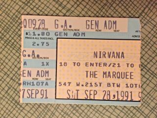 1991 Nirvana September 28,  1991 Concert Ticket Stub The Marquee Nyc Nevermind
