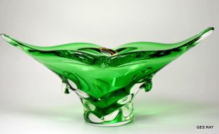 Green Art Glass Bowl Vase Chalet Lorraine Hand Blown Stretched Glass Canada