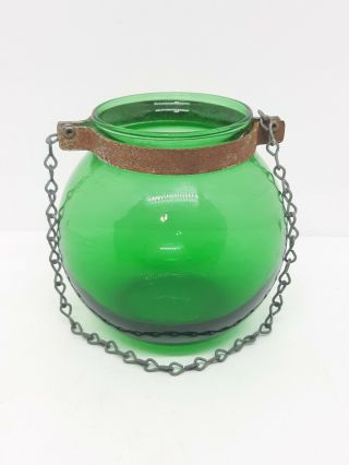 Vintage Green Glass Ball Vase With Metal Holder And Chain