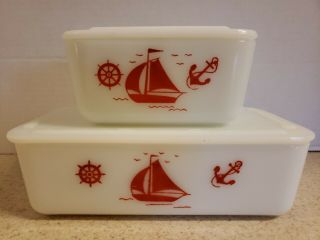 Vintage Mckee Milk Glass Red Sailboat Nautical Refrigerator Dishes Lids