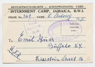 Jamaica 1942 German Prisoner Of War Internment Camp Acknowledging Card To Usa