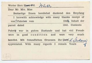 JAMAICA 1942 GERMAN PRISONER OF WAR INTERNMENT CAMP ACKNOWLEDGING CARD TO USA 2