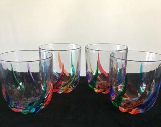 Set Of Four (4) Cc Zecchin Murano Rainbow Lowball Water Glass (es) Venice,  Italy