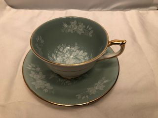 Aynsley Green With White Rose Floral Tea Cup & Saucer Set