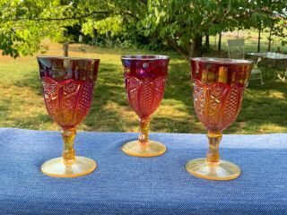 Vintage Set Of 3 Amberina Glass Iridescent Red Orange Fire Wine Goblet ❤️ Sj17j