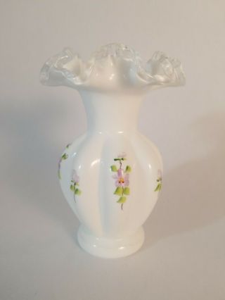 Vintage Fenton Glass Vase Hand Painted Flowers Stamped Sticker & Signed Crimped