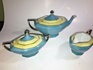 Victoria China Czechoslovakia Tea Pot Creamer Sugar Bowl,  Blue /w Gold Trim Set