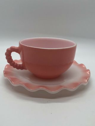 Vintage Hazel Atlas Pink And White Ruffle Cup And Saucer
