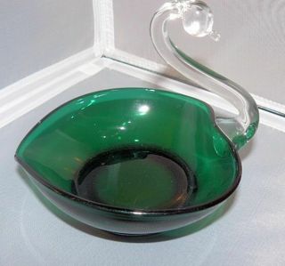 Vintage Clear And Green Art Glass Swan Candy Dish Bowl 1970 