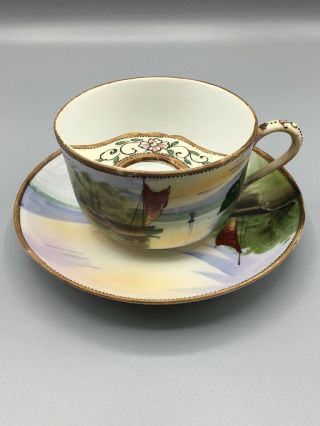 Nippon Moustache Tea Cup And Saucer Water / Boat Scene Hand Painted Antique