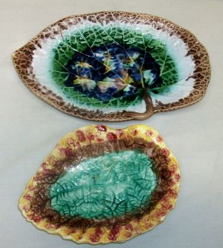 2 Different Vintage Etruscan Majolica Pottery Leaf Plates Small - 041 & Large Dish