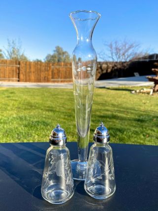Princess House Heritage Etched Glass Salt And Pepper Shakers & Crystal Bud Vase