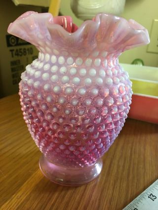 Vintage Fenton Hobnail Opalescent Cranberry 6 " Thin Ruffled Vase