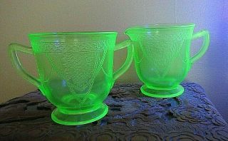 Vintage Green Vaseline Depression Glass Sugar Bowl And Creamer Set