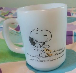 Snoopy " This Has Been A Good Day " Fire King Milk Glass Vintage Coffee Mug Cup