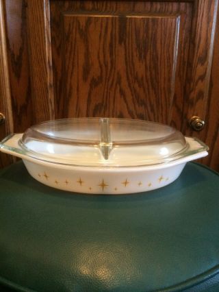Vintage Pyrex Constellation Divided Dish W Lid Yellow Atomic Stars 1950 