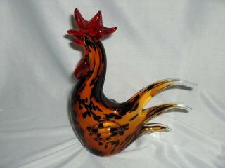 Vintage Hand Blown Art Glass Orange & Black Good Luck Rooster Figurine
