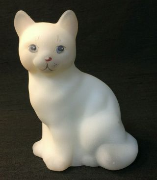 Vintage Fenton Hand Painted Signed White Satin Glass Cat Kitten Figure Figurine