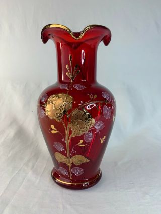 Moser Gilded Cranberry Vase Bohemia Czech Art Glass Ruby Red Enamel