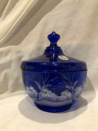 Fenton Hand Painted Canaan Valley On Cobalt Christmas Candy Box Winter Scene 09