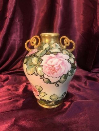 Antique Nippon Hand Painted Moriage Vase With Pink Roses & Enameling