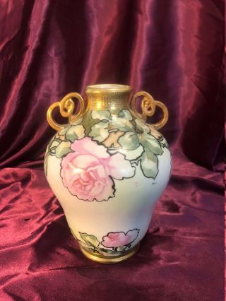 Antique Nippon Hand Painted Moriage Vase with Pink Roses & Enameling 2
