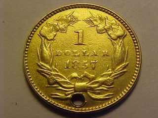 1857 Type 3 $1 Indian Princess Gold Dollar Holed For Charm Attractive Coin