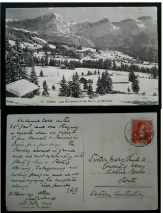 Scarce 1909 Switzerland Postcard " Villars - Les Muverans " 10c Stamp To Australia