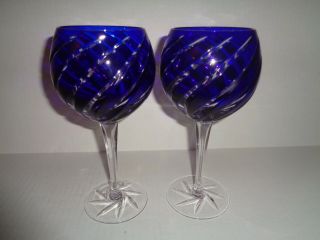 Ajka Brioni (2) Crystal Cobalt Blue Cut To Clear Balloon Wine Glasses Hungary