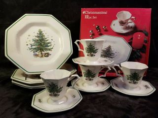 Nikko Christmastime 12 Pc Octagon Dinner Plates,  Cups & Saucers Christmas Tree