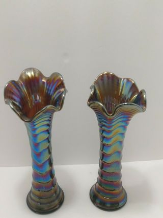 Imperial Carnival Glass Ripple Vase Pair Purple 8 And 1/2 In Tall,  Swung Vase