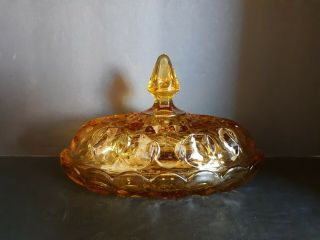 • Vintage Oval Amber Depression Glass Butter Dish With Dome Lid Diamond Yellow •